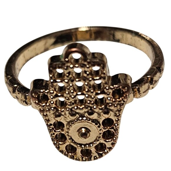 Gold Tone Hamsa Hand Ring Intricate Detailing Fatima Protection Jewelry Women - Picture 1 of 5